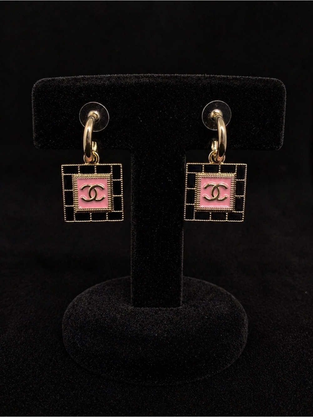 CHANEL Pink and Black Square CC Drop Hoop Earrings
